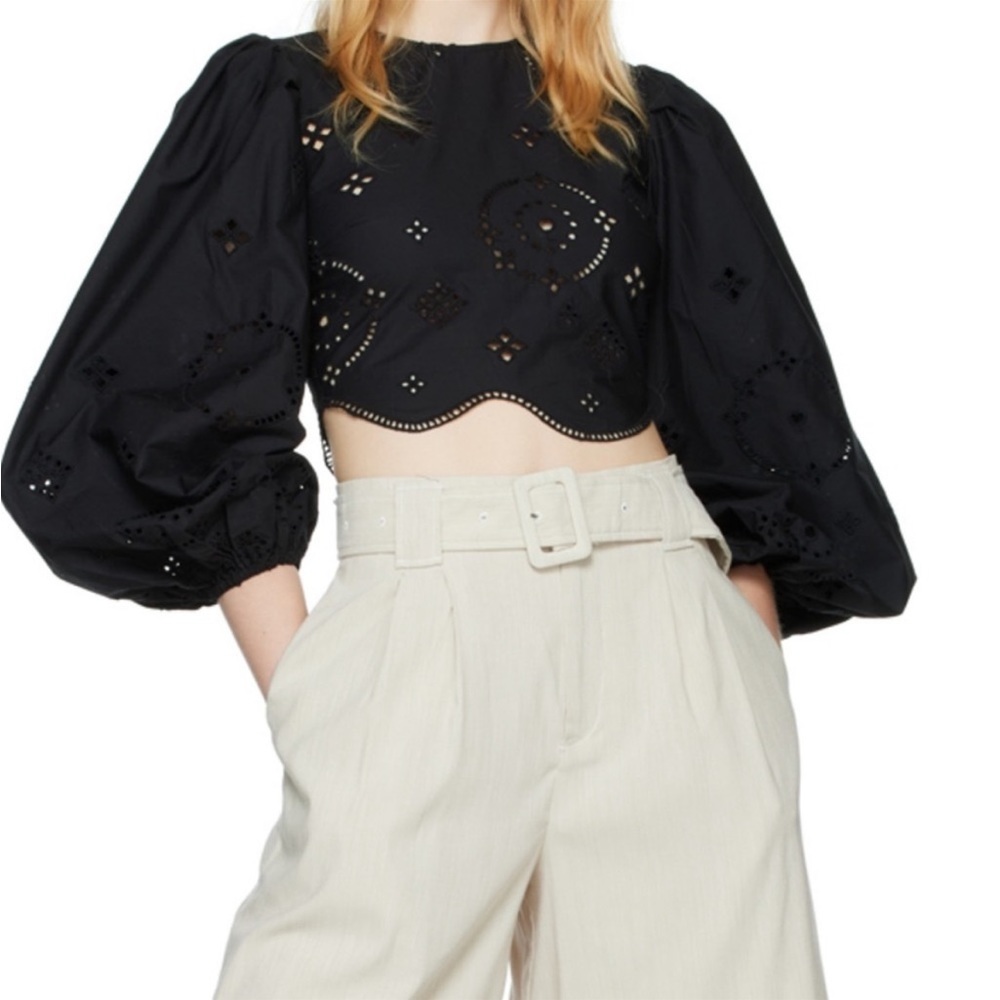 NWT GANNI Cropped broderie anglaise cotton blouse Sz 32.Equivalent toUS XXS or 0 - Picture 5 of 13